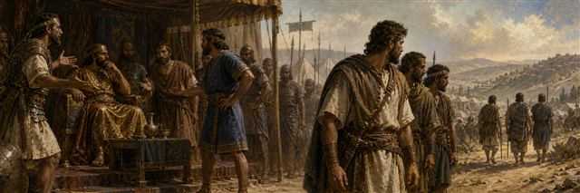 David standing apart as Philistine commanders argue before Achish